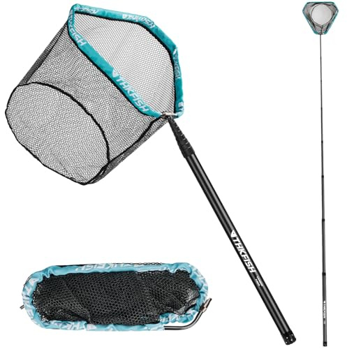 THKFISH 400CM Angelkescher, Setzkescher, Carbonfaser Fishing Kescher mit Langem Griff, Teleskop Angelkescher, Aluminiumrahmen Kescher Angeln Gummiert, Fischkescher, Unterfangkescher P02