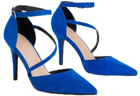 Hykytyhk Zapatos de tacón alto con punta cerrada para mujer, con correas de aguja, para boda, fiesta nupcial, zapatos de vestir, Azul, 39 EU