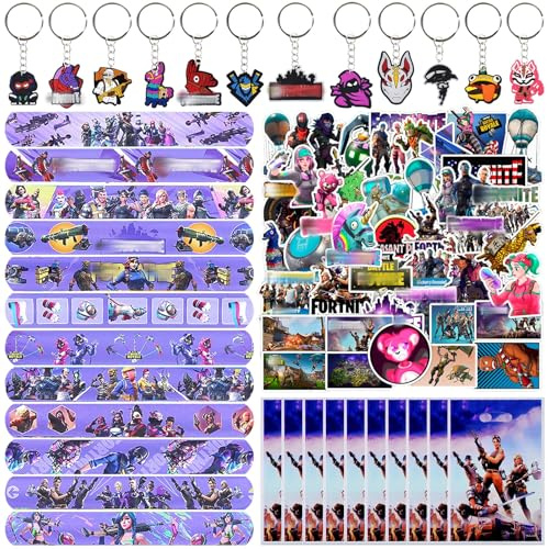 Amazluck 84 Stücke Game Mitgebsel Geburtstag für Kinder, 12 Schnapparmband Kinder 50 Aufkleber 12 Schlüsselanhänger 10 Geschenktüten Kindergeburtstag Party für Geschenke Kindergeburtstag Mitgebsel