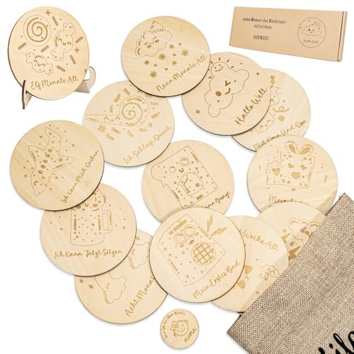 Baby Meilensteinkarten Holz - 30 Meilensteine für Neugeborene und Schwangerschaft aus hochwertigem Holz, Perfekte Baby Erstausstattung mit Monatskarten 1-12 Monate -Linde