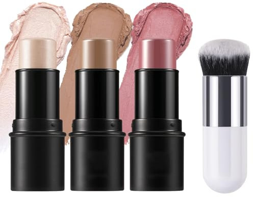 Bronzer Stick, 3 Pcs Contour Stick And 1 Pcs Brush, Contour Kit, For Cheeks, Eyes And Lips, Long-Lasting Waterproof Smooth All-In-One Facial Makeup Set For All Skin Types