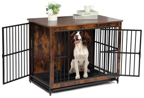 Dog Crate Furniture, 98cm Double Door Wooden Dog Crate with Removable Tray, Indoor Kennel End Side Table Animal Crates for Medium to Large Dogs, Anti-Escape, Rustic Brown