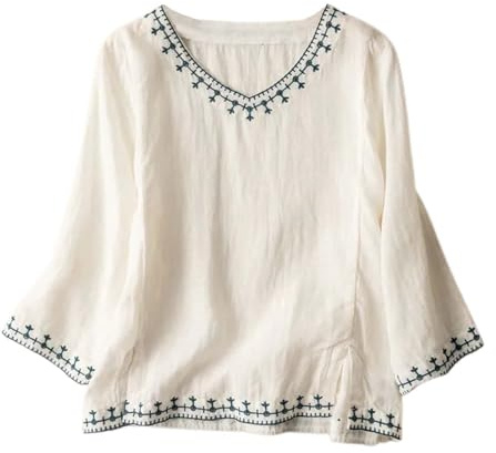 Chemisier Coton et Lin Manches Courtes pour Femme Blouses Ample Col Rond Tunique D'été Bohème Folklore Vintage Broderie Top Hauts Lâche Respirant T-Shirts Grande Taille Pas Cher Tunique Blouse Mode