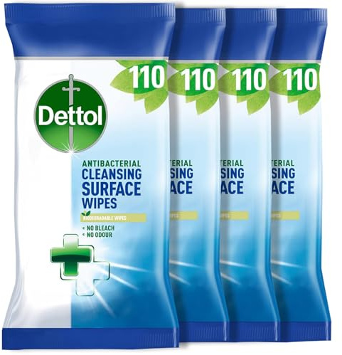 Dettol Antibacterial Cleansing Surface Wipes, Fragrance Free, 440 Wipes (110 x 4pck) Disinfectant, Home Hygiene, Biodegradable, Kills 99.9 Percent of Germs