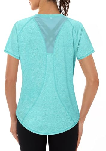 Gyabnw Camiseta Deportiva para Mujer, Camiseta de Manga Corta, Camiseta de Entrenamiento, Rápido Camisetas de Malla Mujer Yoga Fitness Top Ropa Deportiva Entrenamiento Lago Azul L