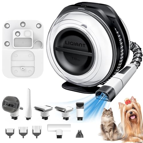 LIGIANT T10 Pro Aspirateur Poil de Chien et Chat, Kit Toilettage 7en1, Tondeuse, Lime, Brosses, Silencieux, Grand Réservoir 2,2L, Idéal Contre la Perte de Poils à la Maison, en Voiture, en Extérieur