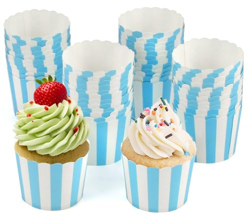 50 Pezzi Pirottini Cupcake, 5 X 6 X 4,7 cm Pirottini per Muffin, Stampi in Carta per Cupcake, Strisce Blu, Pirottini per Mini Muffin Carta, Pirottini Muffin per Compleanni, Matrimoni e Feste