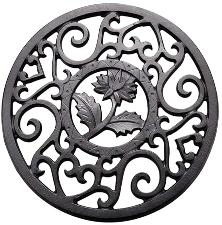 11.5CM Round Cast Iron Trivet Tea Pot Carved Stand, Delicate Vintage Pattern Heat-Insulation Ironwork Mat Metal Coasters with Peg Feet Protect Desktop Table Dining Decor Valentine's Day Gift (Black)