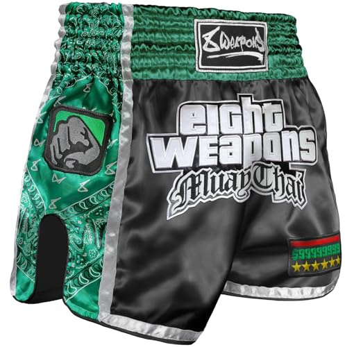 8 WEAPONS Muay Thai Shorts West Coast, Schwarz-Grün, Größe S, Kickboxhose für Training & Wettkampf, Thaibox Shorts Polyester, Atmungsaktiv, Langlebig, Kampfsporthose für MMA, K1, Boxen, Thai Boxen