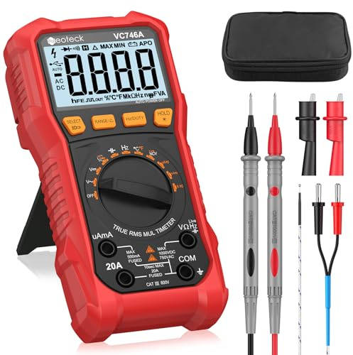 Neoteck Digital Multimeter Voltmeter 6000 Zähler Spannungsprüfer AC/DC Strom Spannung Widerstand Kapazität NCV Frequenz Temperatur Messgerät mit Krokodilklemme - Rot