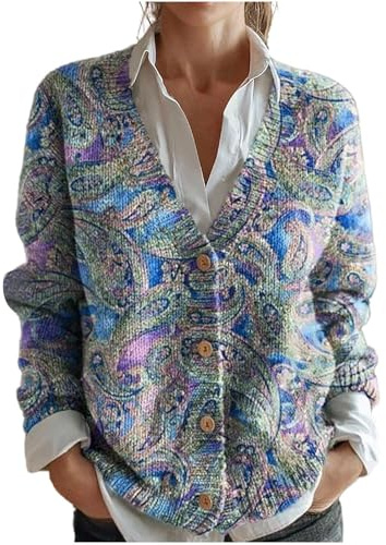 Women's Cardigan UK Vintage Patchwork Knitted Jacket V Neck Button Down Boho Colorful Chunky Knit Jumper Ladies Autumn Winter Warm Casual Loose Fit Coat Long Sleeve Tops Soft Retro Fashion Sweater