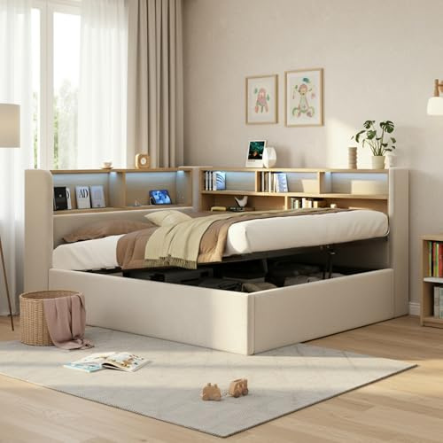 DUlVBPE Dagssäng 140 x 190 cm med hydrauliskt förvaringsutrymme, klädsel, dagsäng, bäddsoffa med LED, USB och ryggstöd, sammet, beige