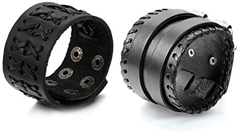 OIDEA 2PCS Herren Armband, Geflochten Punk Rock Breit Lederarmband Armreif Handgelenk Armschmuck, Verstellbar Niet Druckknopfverschluss, Schwarz