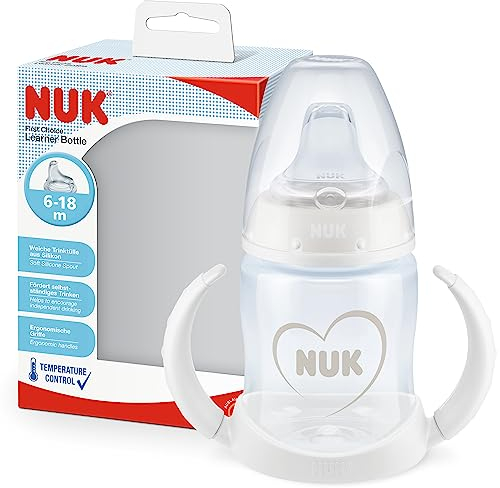 NUK First Choice Learner Cup Sippy Cup - 6-18 Months - Leak-Proof Silicone Spout - Anti-Colic Vent - BPA-Free - 150ml - White & Grey