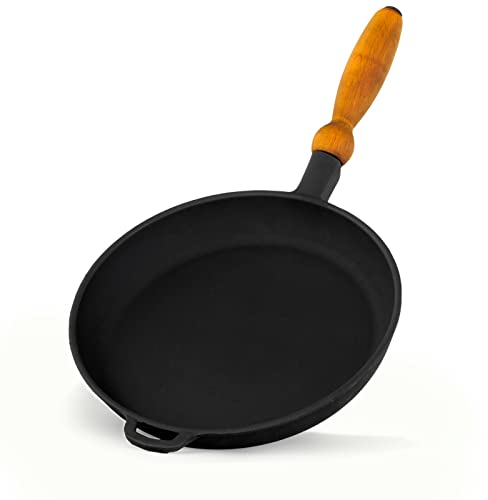 4BIG.fun Ø 26 cm universale Bratpfanne aus Gusseisen mit Holzgriff, niedrig, für Schmoren und braten, Gusseisenpfanne für alle Herdarten, Grill und Feuer, mit Stiel, Induktion, schwarz, unbeschichtet