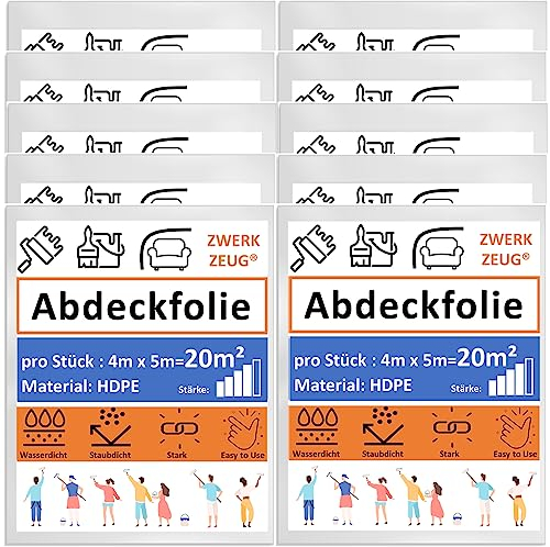 10x ZWERKZEUG® 10 Stück Set je 4m x 5m Maler Abdeckfolie Transparente Staubschutzfolie Plastikplane Allzweck-Folie Malerplane Malerfolie Abdeckvlies Abdeckplane Malerarbeit (Extra Stark x 10 Stück)