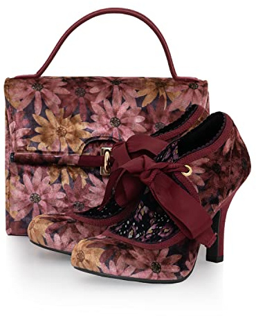 Ruby Shoo Weidenschuh und passende Malibu-Tasche, Größe 36-42, Blumen/Marineblau, Ocker, burgunderfarben, 36 EU