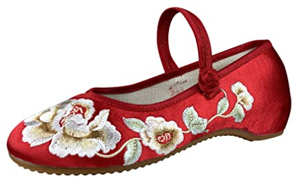 eYLun Women Chinese Embroidered Shoes Flower Flat Round Toe Mary Jane Ballet Shoes Slip On Shoes Red Size 6.5