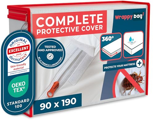 Wrappybag Waterproof Mattress Protector – Full-Encasement anti-bed bug mattress protector – Free from Harmful Substances – Soft & Comfortable Cotton Surface – Single 90 x 190 cm