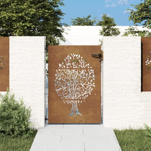 Homgoday Garden Gate, Metal Gate, Garden Gate, Fence Door, Yard Gate, Entrance Gate, Single Gate, Double Gate, Garden Fence, Gate, 85 x 150 cm, Corten Steel Tree Design