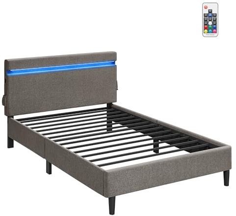 VASAGLE Lit Simple en Métal, 140 x 190 cm, Cadre de Lit, Tête de Lit Rembourré, Éclairage LED, Prise Port USB et Type-C, Style Moderne, pour Chambre d’Amis, Adolescent, Gris Foncé RMB802G71