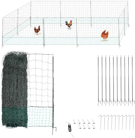 Filet de Cloture à Poule 30M - avec Porte d'accès - 10 piquets renforcés Double Pointes - Hauteur 120cm - Noir