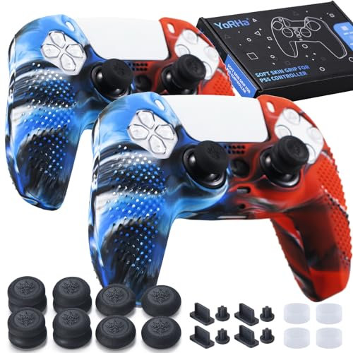 YoRHa 2 fundas de silicona para mando de PS5 (rojo camou + azul) con 8 empuñaduras para el pulgar, 8 tapones, 4 protectores analógicos