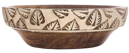 Divit Shilp Natural Wooden Tray, Serving Bowl for Salad, Veggies and Fruits, Large Deep Tray for Family, Party. (Bowl with Leaf Carving)