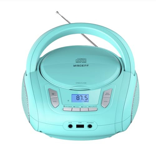 Lettore CD radio compatto con Bluetooth, radio FM, USB, AUX, jack per cuffie, CD-MP3, portatile Boombox (verde)