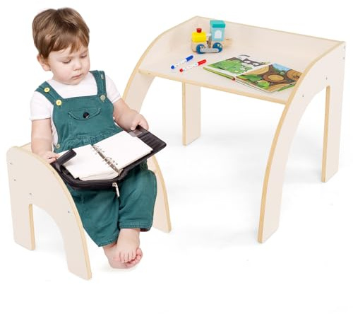 COSTWAY Barnbord med stol, barnstolsgrupp av trä, utrymmesbesparande, målbord barn med rundade kanter, barnmöbelset för barnrum, lekrum, för pojkar flickor från 3 år (beige)