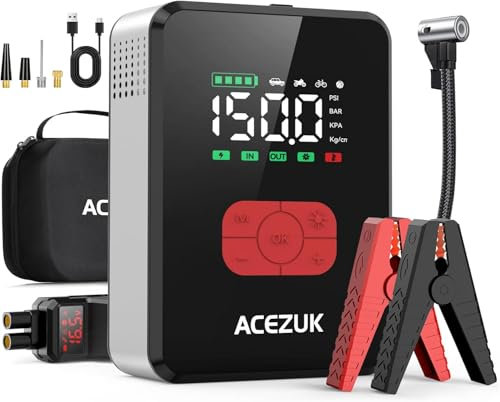 ACEZUK Avviatore Batteria Auto 8000A &150PSI, Avviatore Emergenza per Auto/Moto con Compressore 12V（Tutti Gas o 12L Diesel）600LUMEN LED/3.4LCD