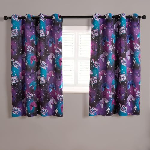 OHS Blackout Curtains for Kids Bedroom, Vibrant Neon Gaming Print Thermal Insulated Curtains Eyelet Short Blackout Window Curtain for Boys Playrooms 2 Panel, 46x54In