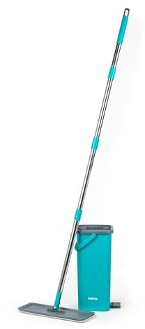 Beldray AntiBac Flat Head Mop & Bucket - 5 Litres, Built-In Wringing Function, Integrated Footrest, 180° Swivel Head, 2 Extra Mop Pads Included, Compact Design, Slimline Head, Vinyl/Tile/Wood Flooring