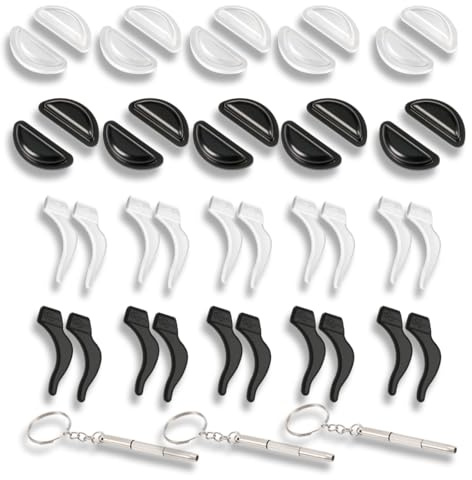 YAPKOLV 10 Paires de Crochets Antidérapants en Silicone + 10 Paires de Plaquettes de Nez Antiglisse + 3 Vis de Réparation, Accessoires Complets pour Lunettes de Vue, de Soleil et Autres Types