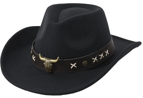 Vintage Western Cowboy Hat with Leather Bull Head Band Wool Felt Wide Brim Stylish Cowboy Hat for Men and Women Elegant Breathable Sun Protection Durable Cowboy Accessories Retro Design(Black)