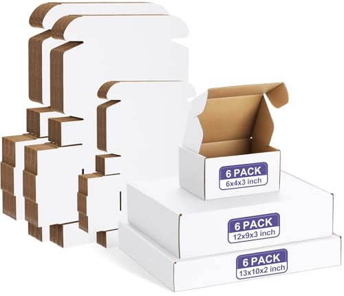 Eupako 18 Pack Small Shipping Boxes Assorted Sizes, 6x4x3, 12x9x3, 13x10x2-6 PCS Each Small Boxes, White Corrugated Box Mailers, Cardboard Boxes for Packaging Small Business, Mailing