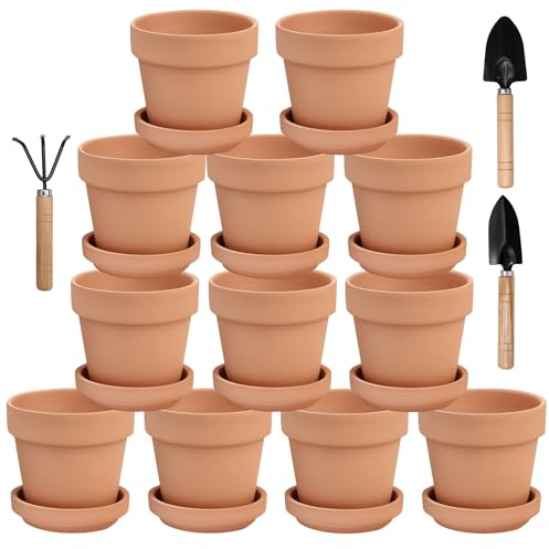 Hoypeyfiy Lot de 12 mini pots en terre cuite 8 x 8 cm - Avec soucoupe et trou de drainage - Pour travaux botaniques, cadeaux de mariage