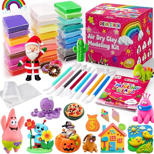 DEVA STASH Air Dry Clay for Kids, Modelling Clay with 8 Tools & Project Booklet, Ultra Soft Light, DIY Creative Gifts, Arts and Crafts Kits for Kids Boys Girls Toys (Pack of 1)