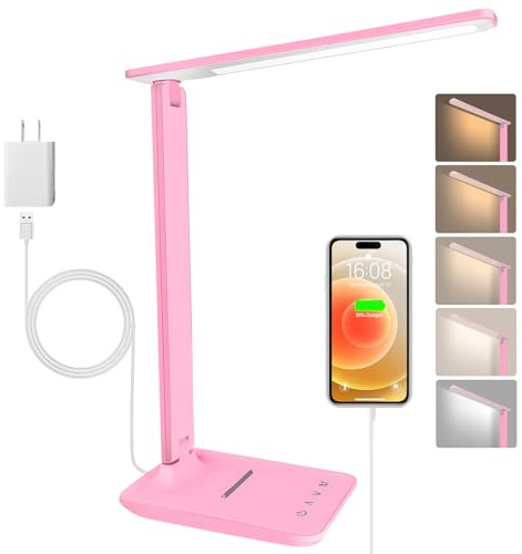 Joyshie - Lámpara de escritorio LED con adaptador, plegable, lámpara de noche regulable con 5 modos de color y 5 niveles de brillo, puerto de carga USB, para lectura de trabajo (rosa, normal)