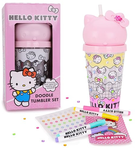 Toyland® Hello Kitty 700ml - Barn tumlare - Dekorera din egen BPA-fria vattenflaska - Innehåller 48 ädelstenar, 4 pastellfärgpennor och en överraskningspresent