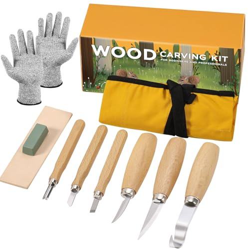 Set di strumenti per intaglio in legno, 10 in 1, con 6 coltelli da intaglio per legno, set con guanti, borsa arrotolabile, temperino, set di attrezzi da intaglio per principianti, adulti, bambini