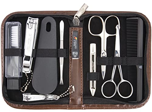 DREI SCHWERTER - Germany 10-tlg. Maniküreset | Nagelpflegeset Reise in braunem Kunstlederetui | 'Monza' | Inhalt: Nagelschere, Kamm, Nasenschere, Saphirnagelfeile, Nagelknipser, Fußnagelknipser uvm