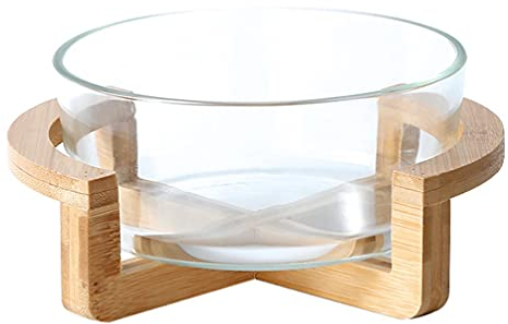Cabilock 1500ML Glass Salad Bowl with Wooden Stand, Cereal Serving Bowl with Lid for Fruit, Dessert, (1500ML)