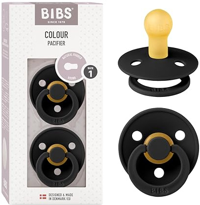 BIBS Colour Soother 2-Pack, BPA Free Dummy Pacifier, Round Nipple. Natural Rubber Latex, Made in Denmark, Size 1 (0-6 Months), Black