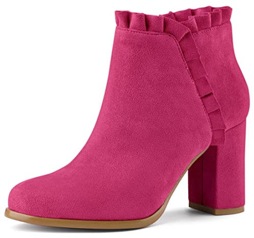 Allegra K Women Chunky Block Heel Ankle Boots Ruffle Faux Suede Rubber | Chunky Heel. Soft Insole. Comfortable Height. Short Shaft. Dating, Party, Wedding. Flower Decor