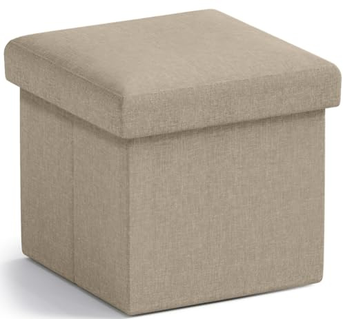 Ornavo Home Small Storage Ottoman Foldable Collapsible Cube Square Linen Ottoman Foot Rest Stool Seat, for Living Room, Bedroom, Home Office, Dorm - 12 x 12 x 12, Taupe