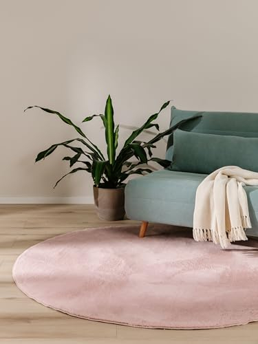 benuta Basic Kunstfaser Fellteppich Furry - Rosa Rund 120 cm - Weicher Wohnzimmerteppich - Anti-Rutsch-Rückseite - Waschbar - Für Fußbodenheizung geeignet