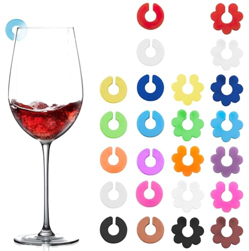 Segnabicchieri Silicone, Segnabicchiere Colorati Riutilizzabili Marcatori di Bevande Identificatore Pennarelli Bicchiere Segna Bicchieri Calici da Vino per Champagne Whisky Martini Drink (24 Pezzi C)