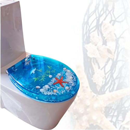 Toilettendeckel, WC Sitz mit Absenkautomatik, U/V/O Form Transparent Toilettensitz mit Edelstahl Befestigung, Schnellverschluss für leichte Reinigung, Blau