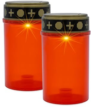 Juego de 2 velas solares LED para tumbas con efecto titilante, color rojo, blanco cálido, con estaca para la tierra, vela conmemorativa, vela conmemorativa, vela de cementerio, decoración de tumba,